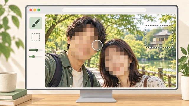 ブラウザのモザイクエディターで、写真に写った人物の顔をブラシでモザイク加工するイメージ